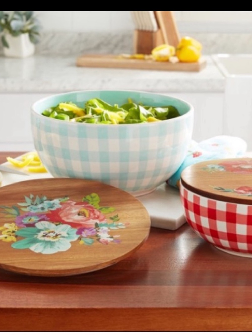 The Pioneer Woman Floral Gingham Check ceramic lidded bowl set of 5